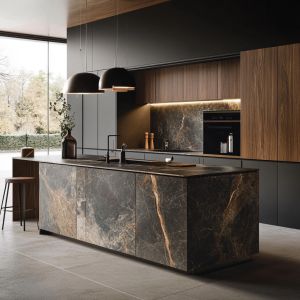 China Modern Custom Modular Dark Color Matt Lacquer Kitchen Cabinet Villa Custom Kitchen With Hanging Island on sale