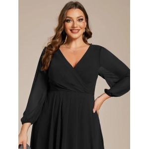 Elegant Empire Long Sleeve V-neck High Low A-line Ruffled Midi Black Chiffon