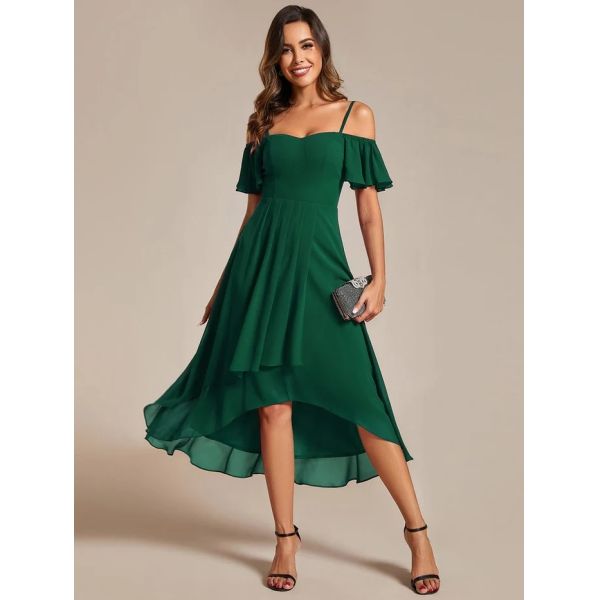 Empire Off-shoulder Spaghetti Strap Zipper High-low Wedding Guest Dresses Short Sleeves Burgundy Chiffon Evening Dress