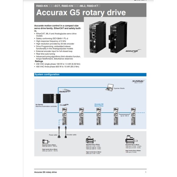 380VAC Supply OMRON INDUSTRIAL AUTOMATION R88D-KN15F-ML2 With 1.5kW Power Rating