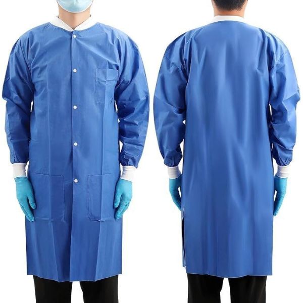 Buy Protective Polypropylene SMS Disposable Lab Coat Blue with Pockets at wholesale prices