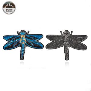 3D Fashionable Embroidered Bird Patches , Handmade Blue Dragonfly Iron On