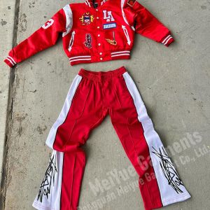 Chenille Embroidery Nylon Bomber Jacket Tracksuit Flared Sweatpants And Jacket