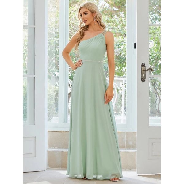 Asymmetry Custom Size Spaghetti Strap One-shoulder A-line Mint Green Flowy Chiffon Bridesmaid Dress