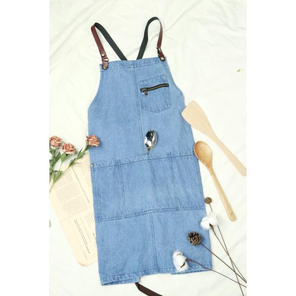 Classic Blue Kitchen Cooking Apron , Washed Women Cooking Apron With 4 Pockets