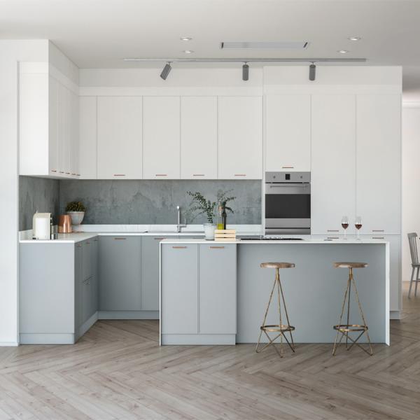Buy White Wooden L Shape Modular Kitchen Cabinets With Island at wholesale prices