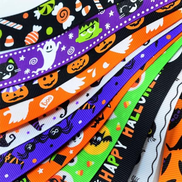 2.5cm wired bat ghost witch pumpkin pattern grosgrain webbing halloween holiday printed ribbon