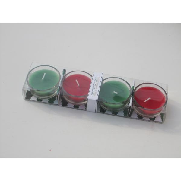 Buy 4pk Red & Green scented & assorted glass candle with printed label and packed into clear box at wholesale prices