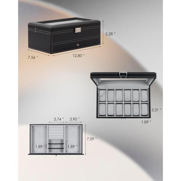 GUKA Watch Box 12 Slot Watch Display Organizer Leather Jewelry Case Drawer Glass Birthday for Men Women, Child Husband