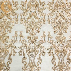 Polyester Gold Beaded Embroidery Lace Fabric For Home Textile