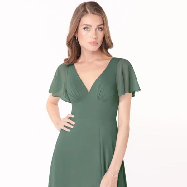 Beautiful Fashionable Flounce Short Sleeve V-Neck Chiffon Long Evening Dress Plus Size Front Split Slit Ruched A-Line
