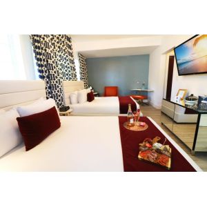 Lae hotel style apartment space saving furniture of Upholstered single bed with Lounge chaise sofa and wood table