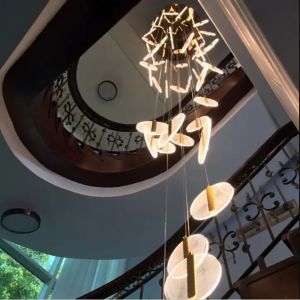 High Ceiling Villa Staircase Led Chandelier Spiral Staircase Round Cake Acrylic