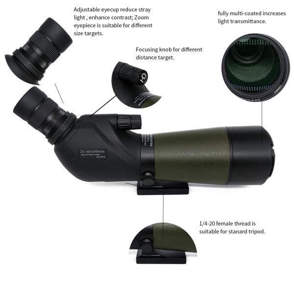 Bird Watching Monocular Waterproof Spotting Scope 20-60X60 Bak4 For Hunter