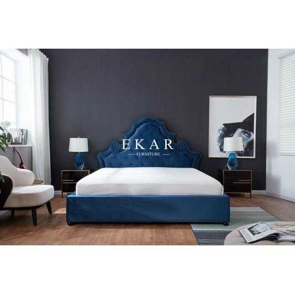 Buy Contemporary Wood Blue Velvet Fabric Double Bed at wholesale prices