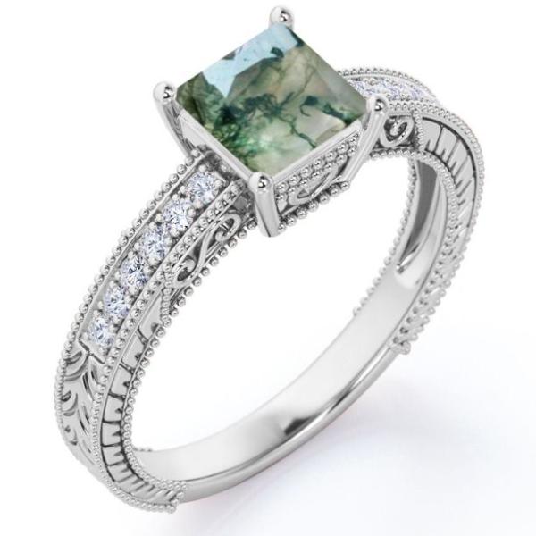 Princess Cut Natural Druzy Moss Green Agate And Moissanite Milgrain Border Victorian Pave Engagement Ring