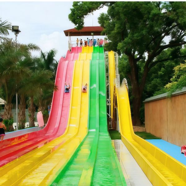 Rainbow Racing Water Slide Fiberglass Material Service Life Over 10 Years Color Customized Use For Water Park Equipment Swimming Pool