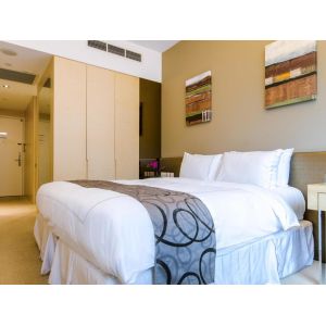 Oak laminate wood furniture for Hotel bedroom set by Writing desk in stainless steel legs with Wardrobe clost cabinets