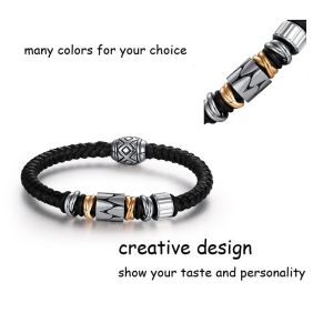Hot sale mens skull stainless steel braided brown bracelet leather