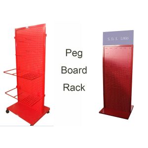 Red Peg Board Metal Floor Display Stands With Doulbe Sides Easy Moving