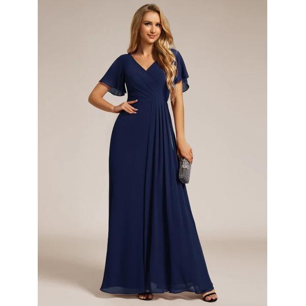 A-line Ruffle Sleeves And High Slit V-neck Navy Blue Chiffon Bridesmaid Dress
