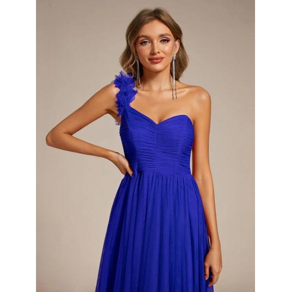 Exquisite One-shoulder Sweetheart Ruffled A-line Zipper Pleated High Slit Sapphire Blue Tulle Graduation Dress
