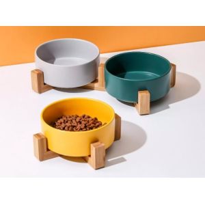 China Unique Ceramic Pet Feed Bowl With Wooden Stand Cat Food Drinking Bowl Dish on sale