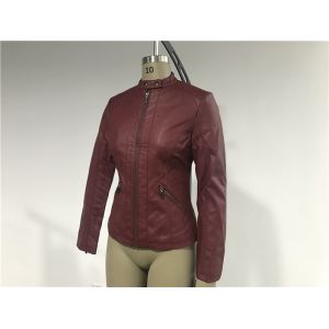 Mandarin Collar Womens PU Leather Jacket , Burgundy Pleather Biker Jacket