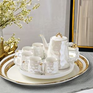 Stylish Pink Pearl Ceramic Coffee Mug Set with Saucer and Bamboo Tea Cup 1300ml