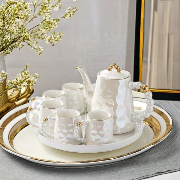 Stylish Pink Pearl Ceramic Coffee Mug Set with Saucer and Bamboo Tea Cup 1300ml