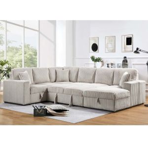 U-Shaped Sectional Sleeper Sofa with Pull Out Bed and Storage Chaise Lounge and Storage Loveseat and USB Charging Port, Khaki Corduroy Fabric