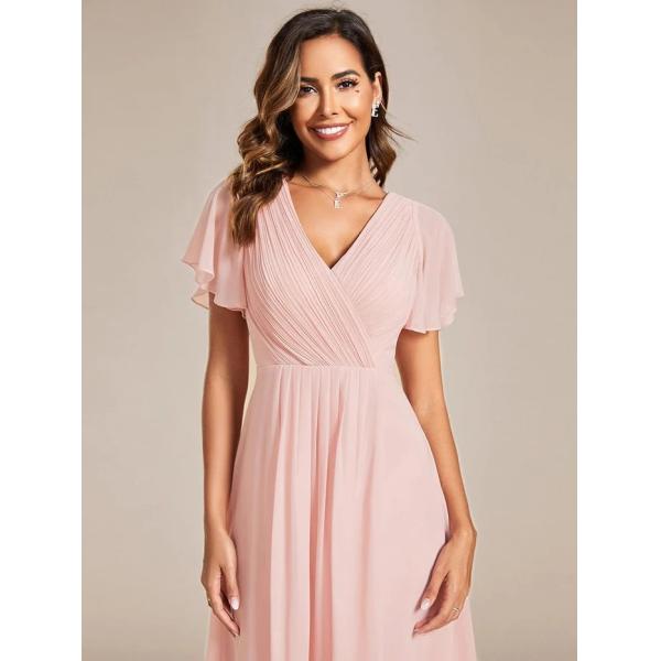 Chic V-neck High-low Short Flutter Sleeves A-line Ruffles Midi Invisible Zipper Pink Chiffon Wedding Guest Evening Dress