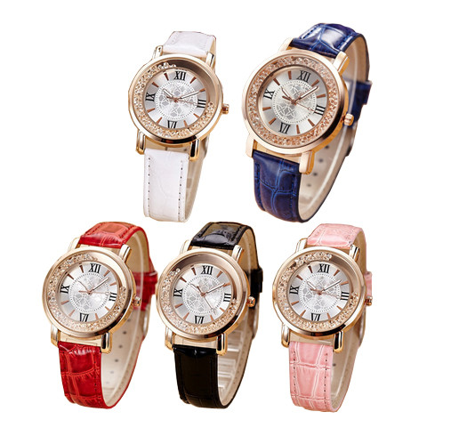pu colorful leather band patterned dial with diamond inset fashion ladies watch