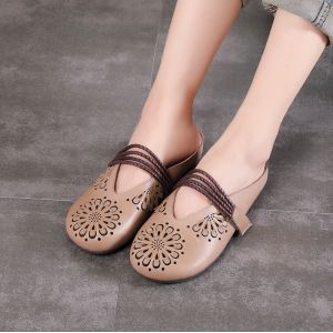 S066 Boutique retro hand-carved hollow women's shoes, leather feet, velcro, flat