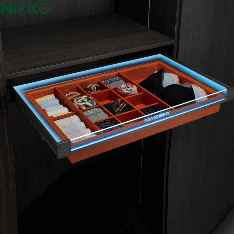 Pull Out Underwear Wardrobe Storage Drawer 600mm 900mm With LED Light