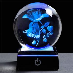 Creative Ornament Handicraft 3D Engraved Rose Crystal Ball With LED Base