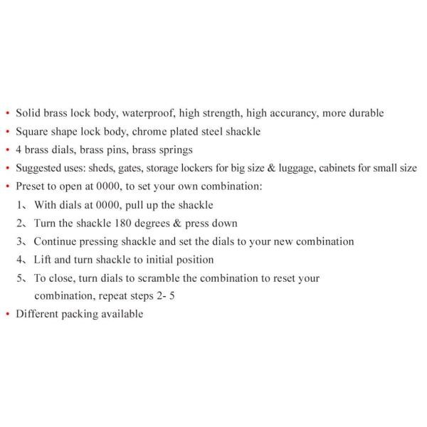 High Security Padlock Brass Combination Padlock Squa 4 Dial with Pin Tumbler Structure and 5 Year Guarantee