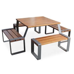 1930L*1930W*680H Steel Wooden Outdoor Table And Bench Seats