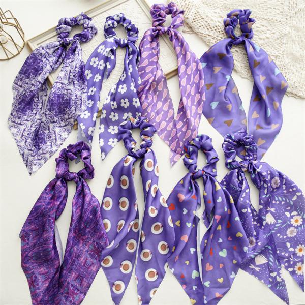 Periwinkle blue ribbon Spring headbands scrunchies lady girls satin Headpiece Printed headstring hair accessories