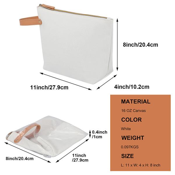 White Blank Canvas Makeup Bag Pouch With Fashion Interior Lining 11X4X8 Inch
