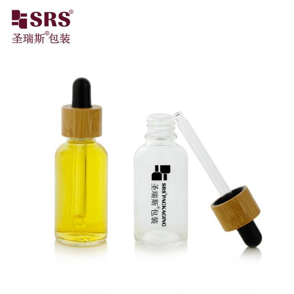Luxury Bamboo Shoulder Glass Facial Serum Elegant Stock Available Dropper Bottle 10ml