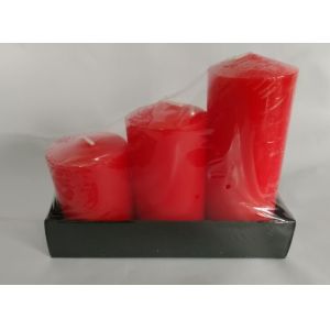 3pk  red pillar candle shrinked  with paper tray