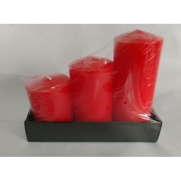 Buy 3pk  red pillar candle shrinked  with paper tray at wholesale prices