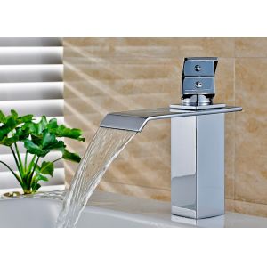 Waterfall Spout Bathroom Vanity Faucets , Bathroom Basin Mixer Counter Mounted