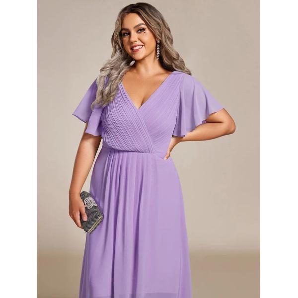 Empire Plus Size V-neck High-low A-line Short Sleeve Ruffled Lavender Chiffon Wedding Guest Party Dress