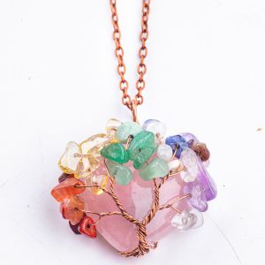 Quality Rose Quartz Heart Shape Crystal Tree Chakra Gem Necklace for sale