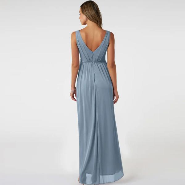 Elegant A-Line Front Split Slit Sky Blue Chiffon V-Neck Sleeveless Pleated Backless Plus Size YKK Zipper