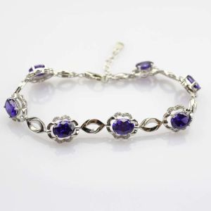 925 Silver 6x8mm Oval Created Amethyst and Clear Cz Diamonds Link Bracelet (H03)