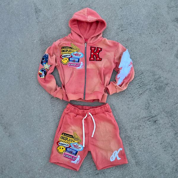 Custom Distressed Embroidery Patch Hoodie Acid Wash Vintage Zip up Hoodie Cotton Summer Shorts Tracksuits and Jogger Short Set