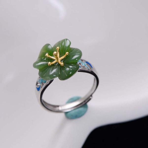 925 Sterling Silver Enamel Natural Jade Ring Open Adjustable Size (059613)